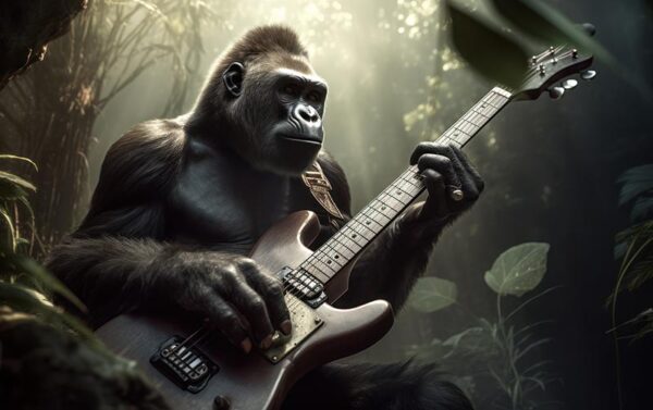 Poster Gorilla spielt Gitarre. Perfektes Geschenk für Gitarristen!
